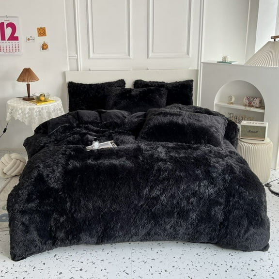 Sanmadrola Bedding Comforter Sets Bed in a Bag Queen Size Shaggy Plush Faux Fur Fluffy Bedding Sets Duvet Cover Soft Velvet Fuzzy Quilt Cover with 2 Pillow Cover Black