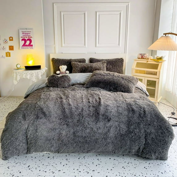 Sanmadrola Bedding Comforter Sets Bed in a Bag Twin Size Shaggy Plush Faux Fur Fluffy Bedding Sets Duvet Cover Soft Velvet Fuzzy Quilt Cover with Pillow Cover Gray