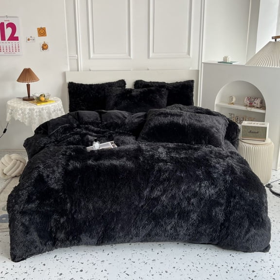 Sanmadrola Bedding Comforter Sets Bed in a Bag Twin Size Shaggy Plush Faux Fur Fluffy Bedding Sets Duvet Cover Soft Velvet Fuzzy Quilt Cover with Pillow Cover Black