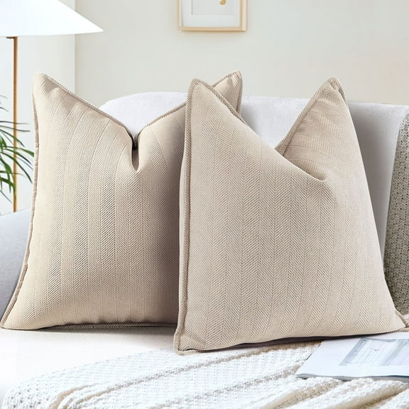 Sanmadrola Beige Pillow Covers 18x18 Set of 2 Chenille Throw Pillow Cover with Elegant Design Soft and Luxurious Decorative Throw Pillows for Couch Bed and Home Decor