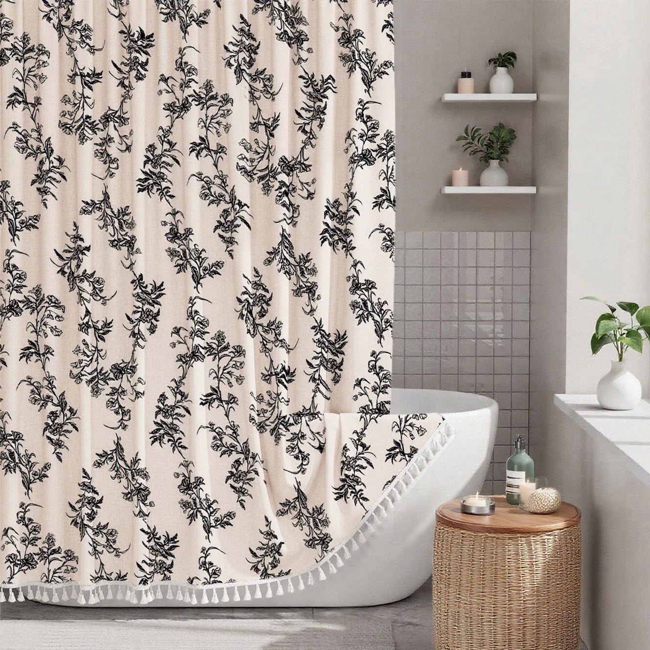 Sanmadrola Black Shower Curtain Floral Plant Shower Curtain Set with Tassels, Heavy Duty Faux Cotton Linen Cottagecore Boho Vintage Rustic Shower Curtains with Hooks for Bathroom Decor, 72x72 in - Walmart.com