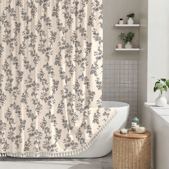 Sanmadrola Black Shower Curtain Floral Plant Shower Curtain Set with Tassels, Heavy Duty Faux Cotton Linen Cottagecore Boho Vintage Rustic Shower Curtains with Hooks for Bathroom Decor, 72x72 in