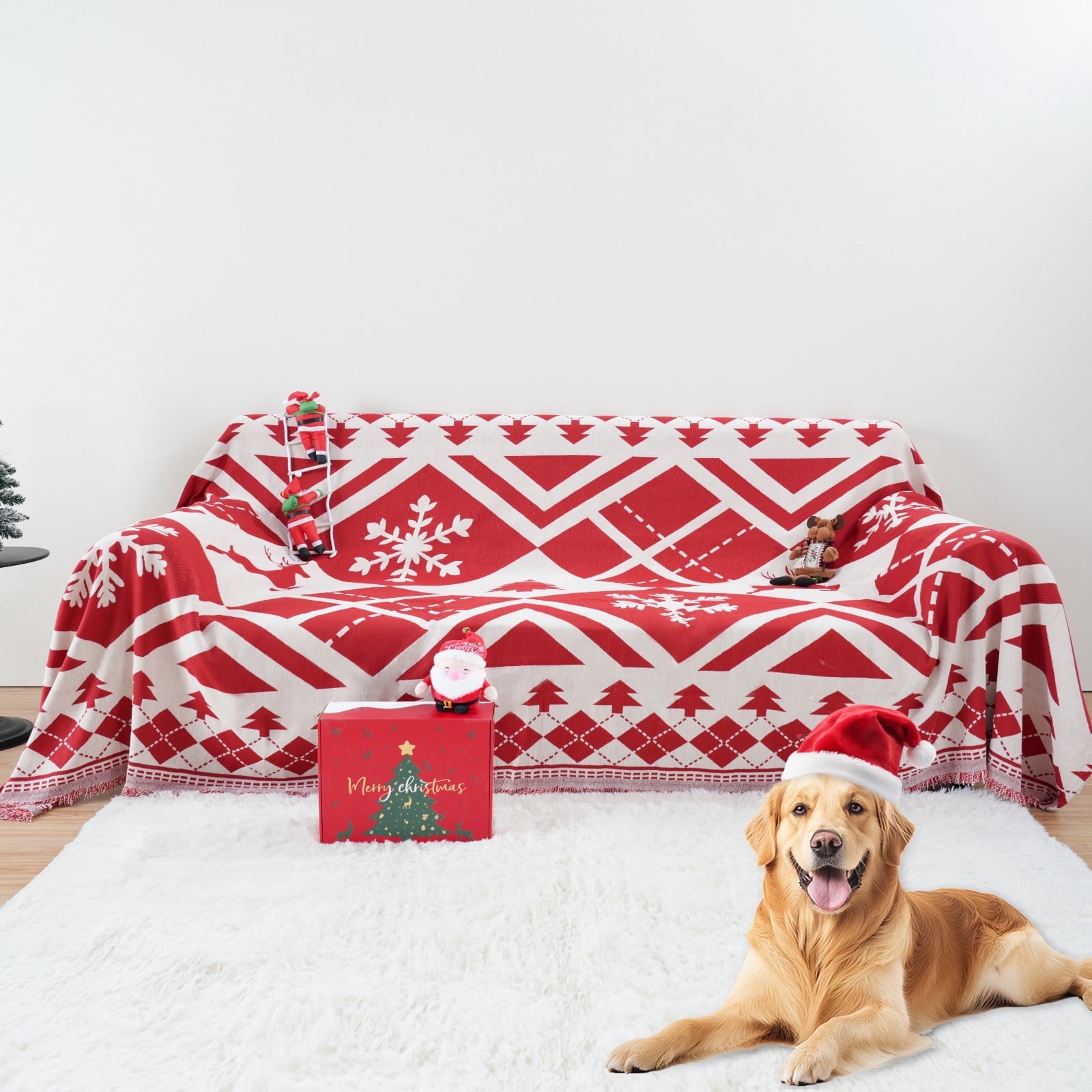 Sanmadrola Boho Sofa Cover Chenille Couch Covers Blanket Furniture Protector for Sectional Sofa, Anti Slip Couch Covers for 2 Cushion Couch, Washable Slipcover for Dog (Xmas Red, 71"x102")