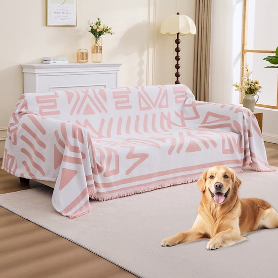 Sanmadrola Boho Sofa Cover Chenille Couch Covers Blanket Furniture Protector for Sectional Sofa, Anti Slip Couch Covers for 2 Cushion Couch, Washable Slipcover for Dog (Pink, 71"x102")