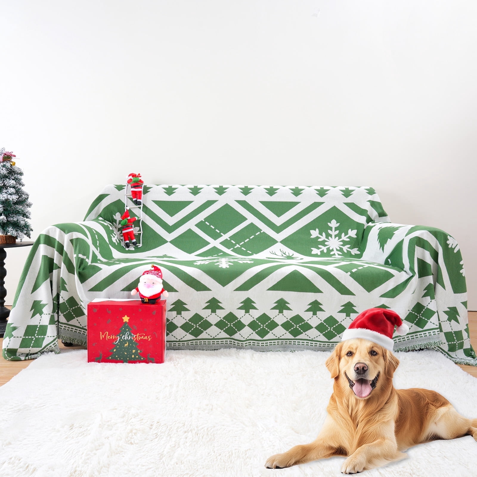 Sanmadrola Boho Sofa Cover Chenille Couch Covers Blanket Furniture Protector for Sectional Sofa, Anti Slip Couch Covers for 2 Cushion Couch, Washable Slipcover for Dog (Xmas Green, 71"x102")