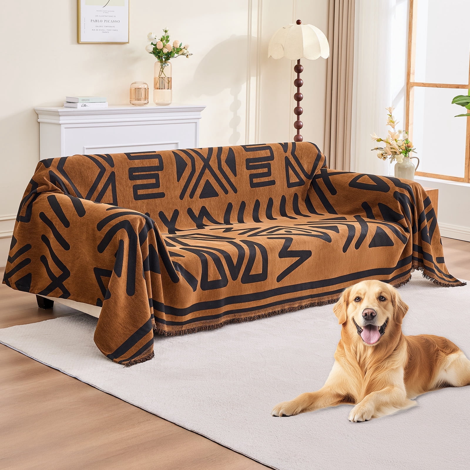 Sanmadrola Boho Sofa Cover Chenille Couch Covers Blanket Furniture Protector for Sectional Sofa, Anti Slip Couch Covers for 2 Cushion Couch, Washable Slipcover for Dog (Dark Brown, 71"x102")