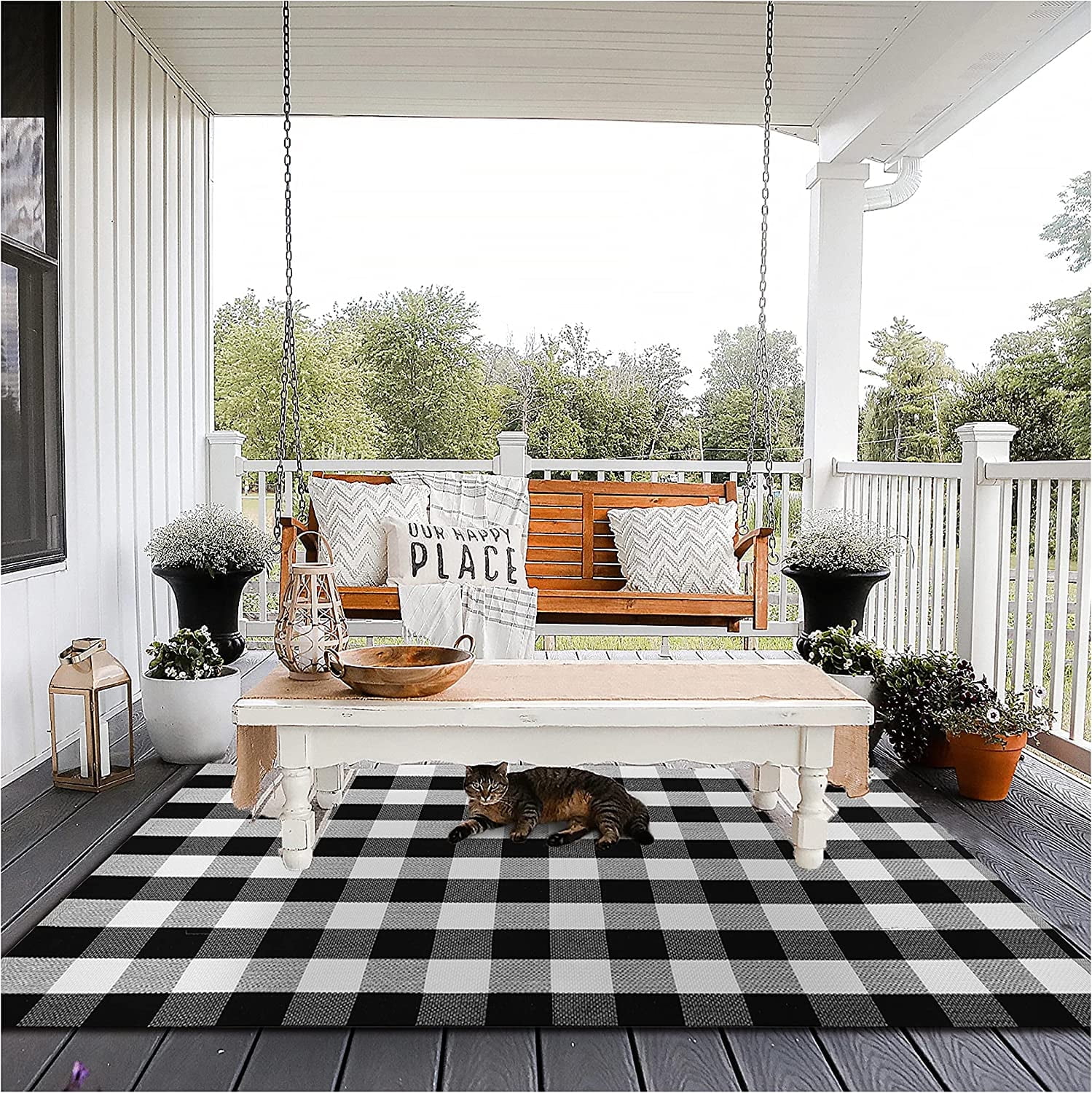Sanmadrola Buffalo Plaid Outdoor Rug 4'x 6', Cotton Hand-Woven Checkered Door Mat, Reversible Foldable Washable Outdoor Rug Stripe for Layered Door Mats Porch/Front Door