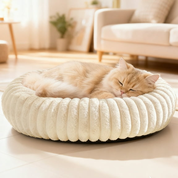 Sanmadrola Donut Dog Beds for Small Dogs, 24 inches Round Calming Bed for Cute Puppy Kitten, Faux Fur Non-Slip Cat Bed, Washable Corduroy Fleece Pet Beds Fits up to 25 lbs Pets, Cream