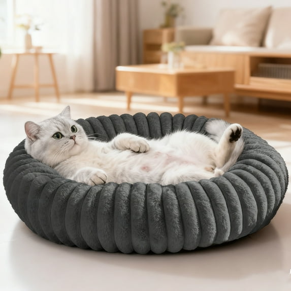 Sanmadrola Cat beds for Indoor Cats, 20 inches Donut Dog Beds for Small Dogs, Faux Fur Corduroy Fleece Round Calming Pet Beds, Washable Non-Slip Puppy Kitten Bed, Fits up to 15 lbs Pets, Dark Gray