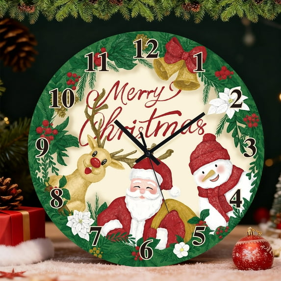 Sanmadrola Christmas Decoration Wall Clock Home Indoor Decor Silent Non Ticking Wooden 12'' Santa