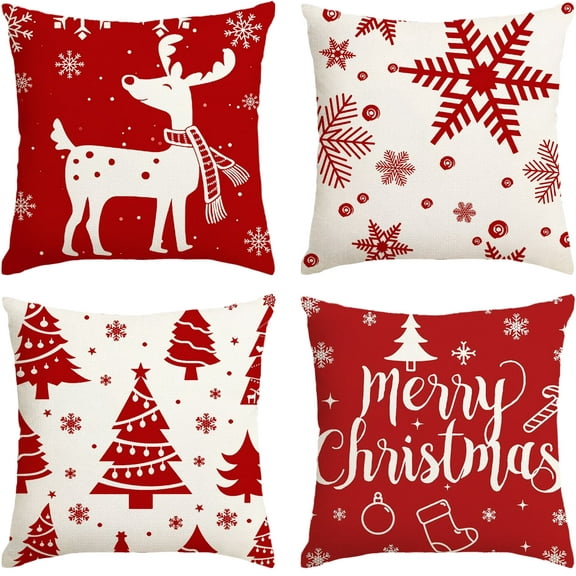 Sanmadrola Christmas Throw Pillow Covers 18''x18'' Set of 4 Decorative Holiday Pillows Cover Cases Farmhouse Decor for Xmas Decoration Home Couch Sofa, Red
