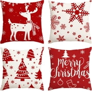 Sanmadrola Christmas Throw Pillow Covers 18x18 Set of 4 Decorative Holiday Pillows Cover Cases Farmhouse Decor for Xmas Decoration Home Couch Sofa, Red