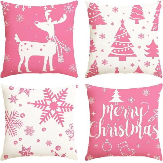 Sanmadrola Christmas Throw Pillow Covers 18''x18'' Set of 4 Decorative Holiday Pillows Cover Cases Farmhouse Decor for Xmas Decoration Home Couch Sofa, Pink