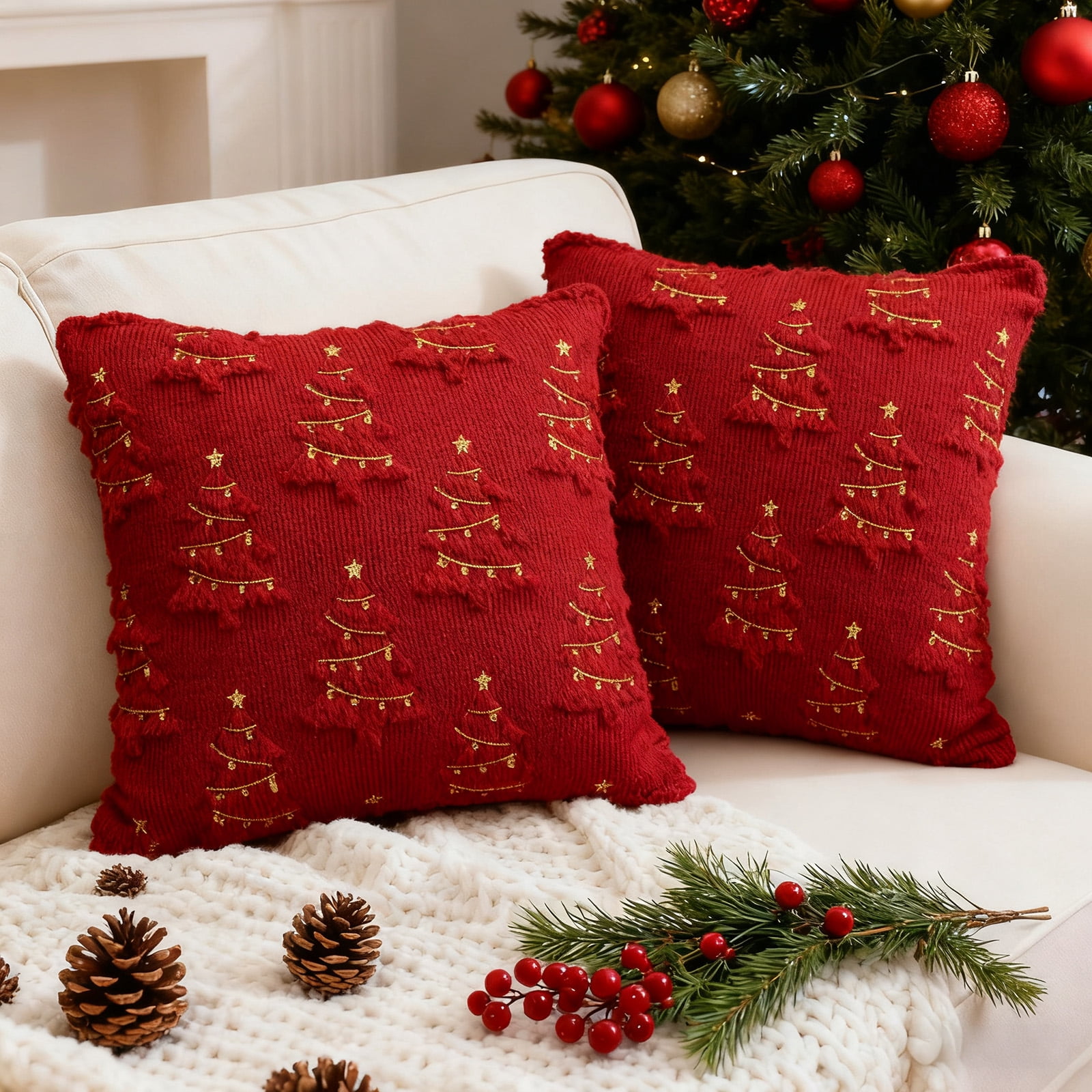 Sanmadrola Christmas Pillow Covers Soft Fluffy Pillowcases for Home Decor Winter Holiday Cushion Cases for Sofa Couch Bedroom Living Room Xmas Decoration 18x18 Red Christmas Tree