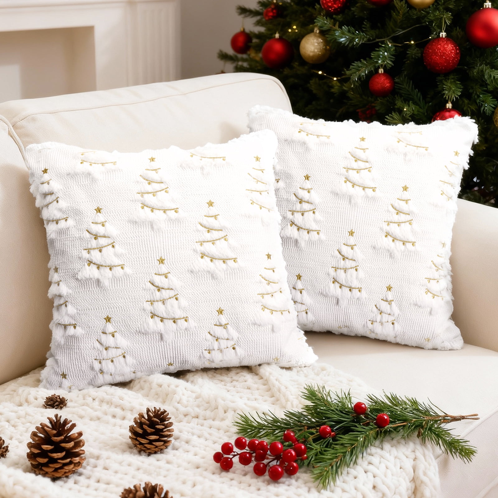 Sanmadrola Christmas Pillow Covers Soft Fluffy Pillowcases for Home Decor Winter Holiday Cushion Cases for Sofa Couch Bedroom Living Room Xmas Decoration 18x18 White Christmas Tree