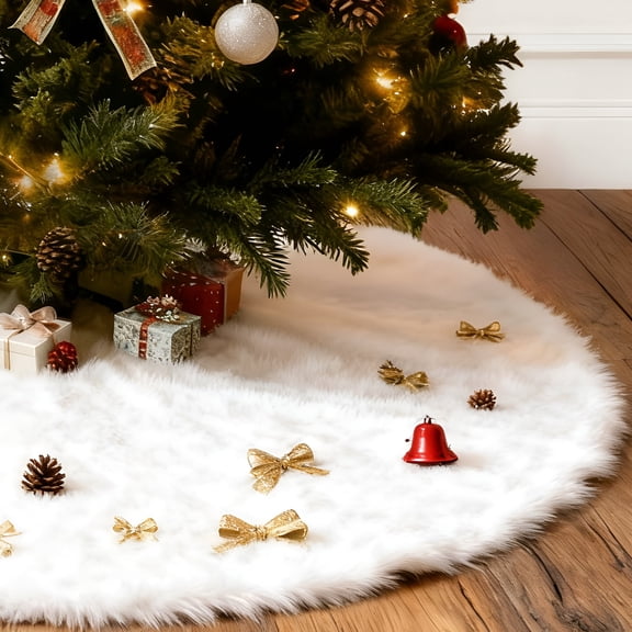 Sanmadrola Christmas Tree Skirt 30 Inch Faux Fur Xmas Plush Tree Skirt Winter Large Christmas Tree Mat Holiday Party Christmas Tree Decorations, Snowy White