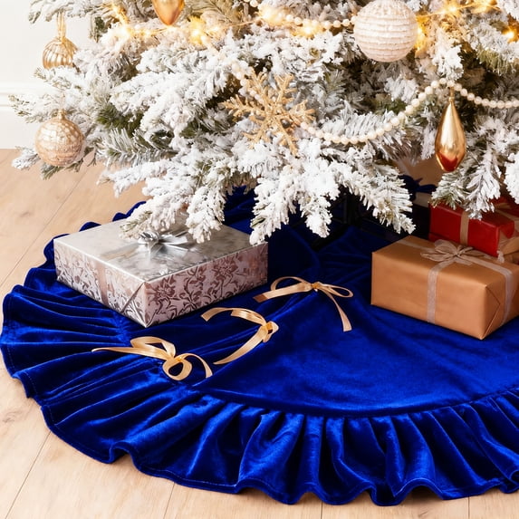 Sanmadrola Christmas Tree Skirt Blue Luxury Ruffled Velvet Plush Skirts Christmas Decorations Indoor Xmas Ornaments Holiday Decor for Home Party Holiday Decorations, 48in