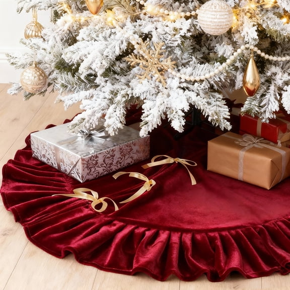 Sanmadrola Christmas Tree Skirt Red Luxury Ruffled Velvet Plush Fur Skirts Christmas Decorations Indoor Xmas Ornaments Holiday Decor for Home Party Holiday Decorations, 36in
