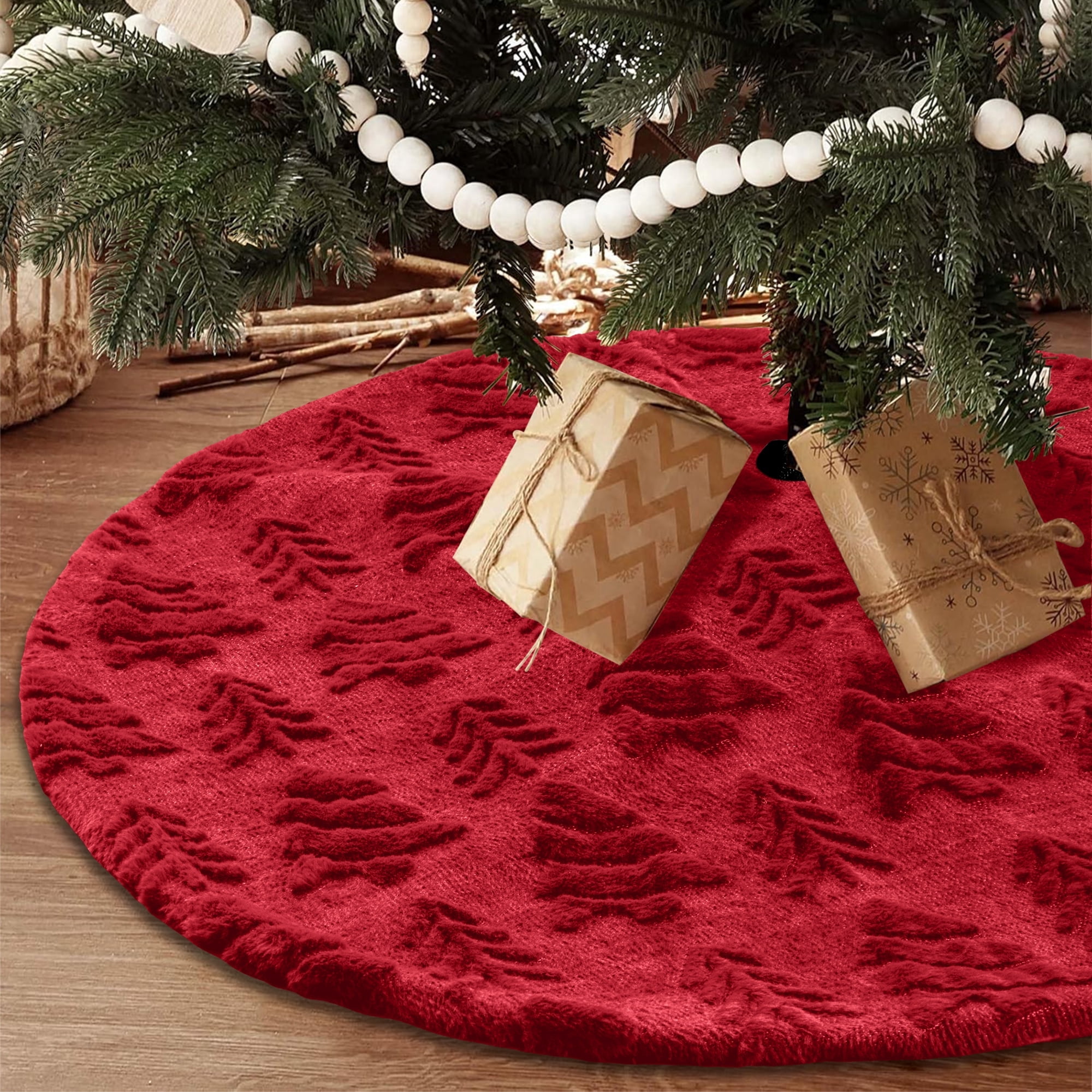 Inadays Christmas Tree Skirt Red Plush Skirts Christmas Decorations Indoor Xmas Ornaments Holiday Decor for Party, 48in