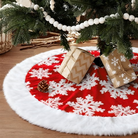 Sanmadrola Christmas Tree Skirt Red White Plush Skirts Christmas Decorations Indoor Xmas Ornaments Holiday Decor for Party, 36in