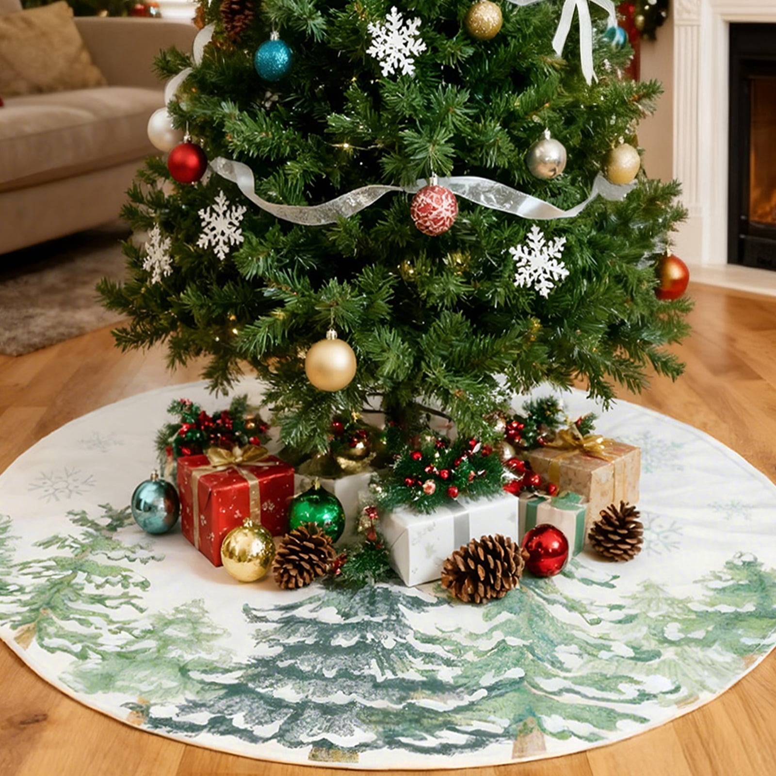 Sanmadrola Christmas Tree Skirt 36 inch Tree Mat Winter Forest Pattern, Soft Xmas Tree Base Cover Decorations Merry Christmas Party Holiday Farmhouse Home Decor Indoor Outdoor