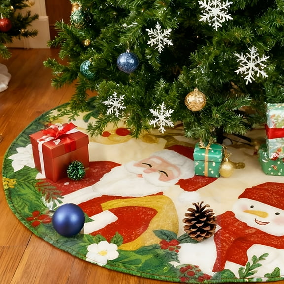 Sanmadrola Christmas Tree Skirt 36" Tree Mat Santa Reindeer Snowman Pattern, Soft Xmas Tree Base Cover Decorations Merry Christmas Party Holiday Farmhouse Home Decor Indoor Outdoor
