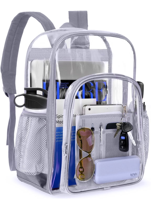 Clear Backpack Clear Bag Heavy Duty Waterproof Transparent Large PVC Backpacks for Teenagers Women Men for Stadium School College Travel Work Hiking, Gray