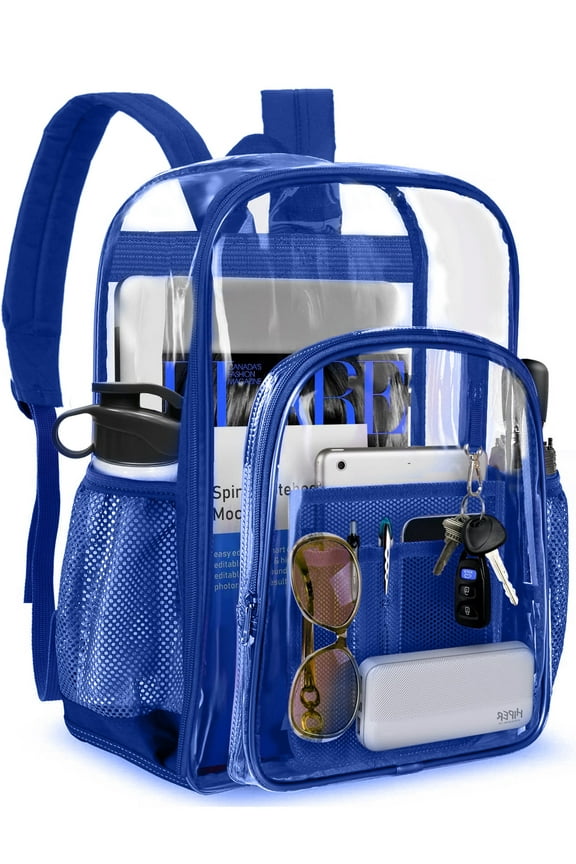 Clear Backpack Clear Bag Heavy Duty Waterproof Transparent Large PVC Backpacks for Teenagers Women Men for Stadium School College Travel Work Hiking, Blue