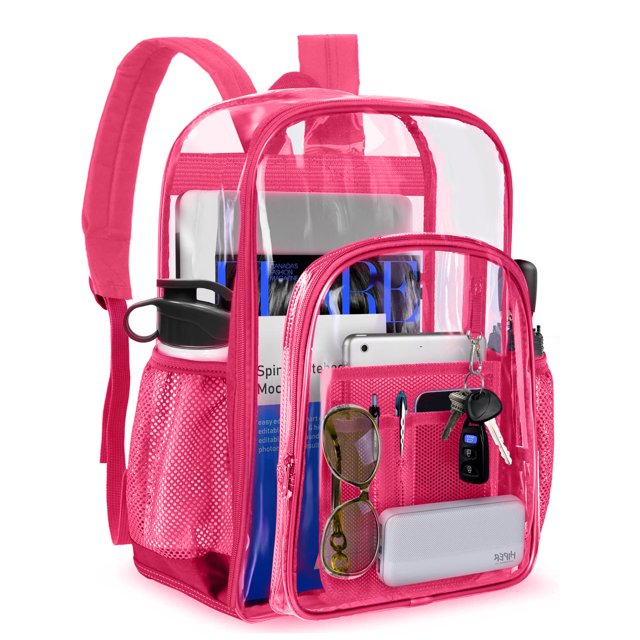 Sanmadrola Clear Backpack Clear Bag Heavy Duty Waterproof Transparent Large PVC Backpacks for Teenagers Women Men for Stadium School College Travel Work Hiking, Hot Pink