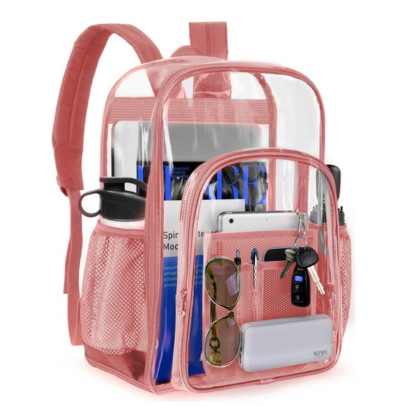 Sanmadrola Clear Backpack Clear Bag Heavy Duty Waterproof Transparent Large PVC Backpacks for Teenagers Women Men for Stadium School College Travel Work Hiking, Pink