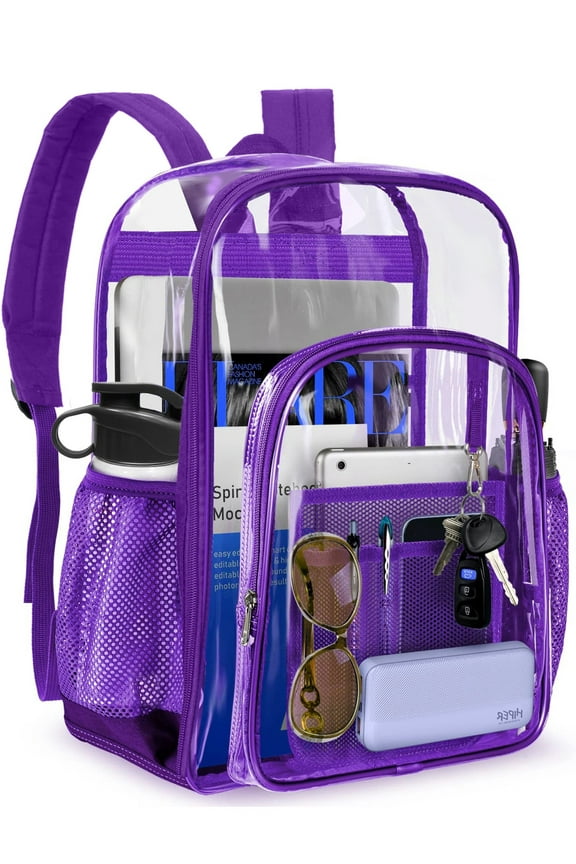 Clear Backpack Clear Bag Heavy Duty Waterproof Transparent Large PVC Backpacks for Teenagers Women Men for Stadium School College Travel Work Hiking, Purple