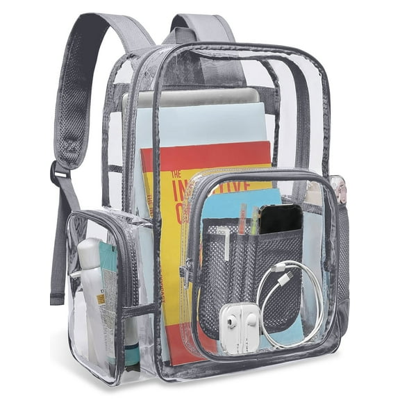 Sanmadrola Clear Backpack Heavy Duty Stadium Approved Backpacks PVC for Adults Clear Bag Travel, Gray