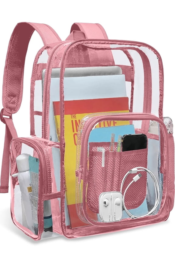 Clear Backpack Heavy Duty Stadium Approved Backpacks PVC for Adults Clear Bag Travel, Pink
