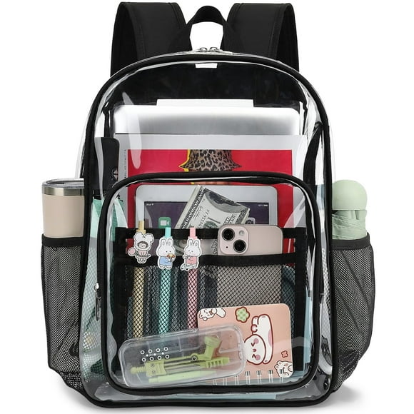 Sanmadrola Clear Backpack for School Backpack Heavy Duty PVC Transparent Bookbag Stadium Approved See Through Backpack 17'' Black