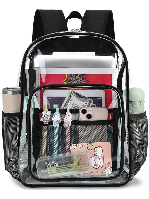 Clear Backpack for School Backpack Heavy Duty PVC Transparent Bookbag Stadium Approved See Through Backpack 17'' Black