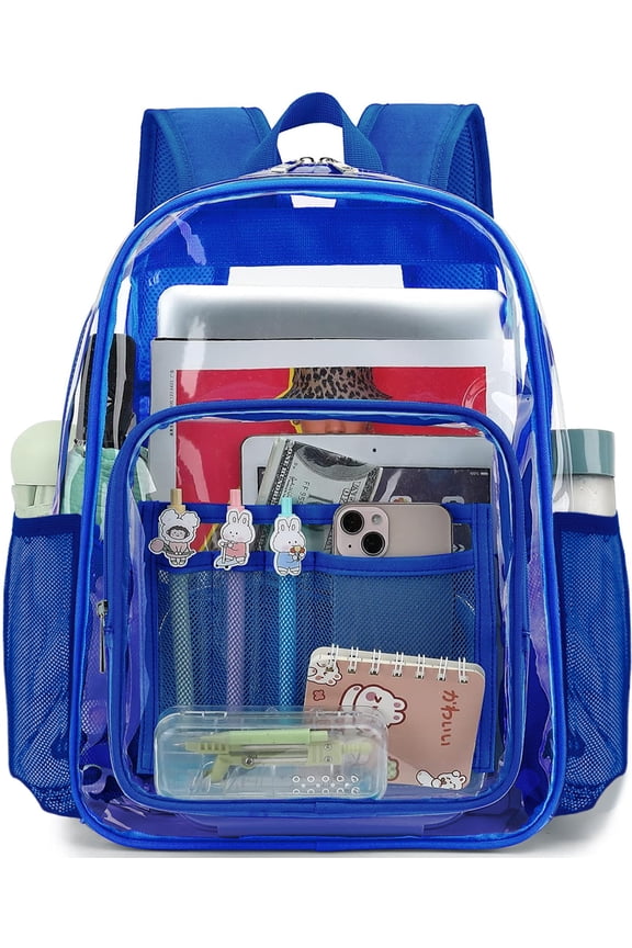 Clear Backpack for School Backpack Heavy Duty PVC Transparent Bookbag Stadium Approved See Through Backpack 17'' Blue