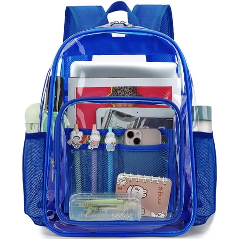 Clear Backpack for School Backpack Heavy Duty PVC Transparent Bookbag Stadium Approved See Through Backpack 17'' Blue