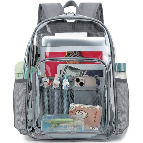Sanmadrola Clear Backpack for School Backpack Heavy Duty PVC Transparent Bookbag Stadium Approved See Through Backpack 17'' Gray