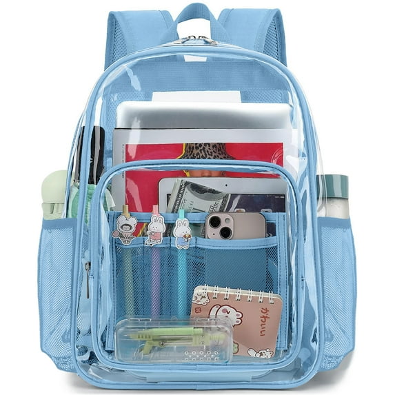 Sanmadrola Clear Backpack for School Backpack Heavy Duty PVC Transparent Bookbag Stadium Approved See Through Backpack 17'' Light Blue