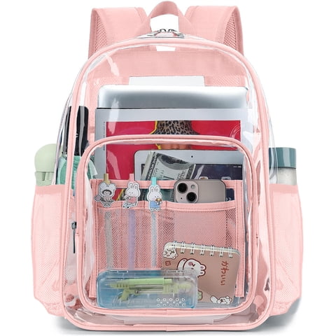 Clear Backpack for School Backpack Heavy Duty PVC Transparent Bookbag Stadium Approved See Through Backpack 17'' Light Pink