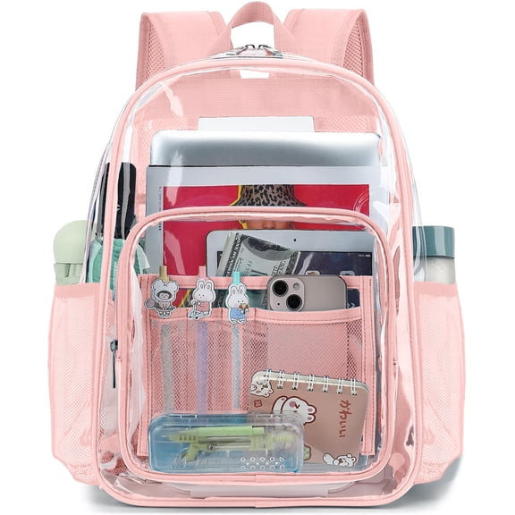 Sanmadrola Clear Backpack for School Backpack Heavy Duty PVC Transparent Bookbag Stadium Approved See Through Backpack 17'' Light Pink