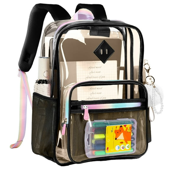 Sanmadrola Clear Backpacks for School Heavy Duty PVC Transparent Bookbag Stadium Approved See Through Backpack Large Clear Book Bag for Work Travel Festival, Black