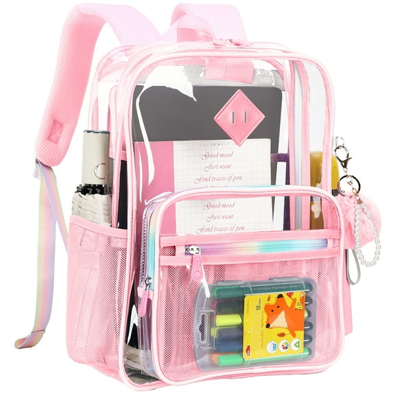 Sanmadrola Clear Backpacks for School Heavy Duty PVC Transparent Bookbag Stadium Approved See Through Backpack Large Clear Book Bag for Work Travel Festival, Pink