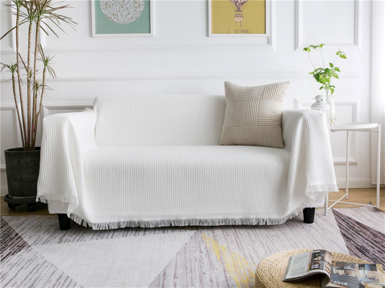 Sanmadrola Cotton Sofa Cover Couch Cover Sofa Slipcover Furniture Protector 1 2 3 4 Seat Sofa Couch Covers For Dogs Pets Washable Sectional Sofa Couch Covers White 71''x 118'' Waffle Texture