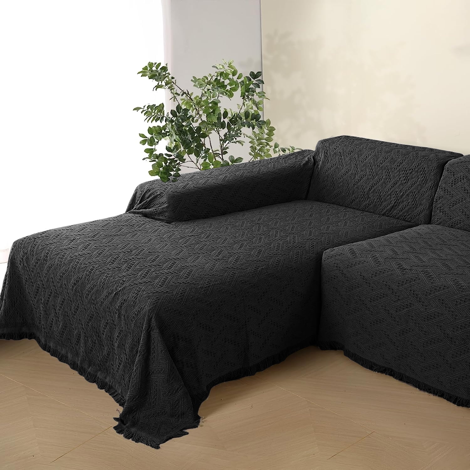 Sanmadrola Couch Cover Sofa Slipcover for Sectional L Shape 3 Cushion Couch Sofa Cotton Blanket Cover for Dogs Furniture Protector Cover with Elastic Straps for Pet Cat Chair Black