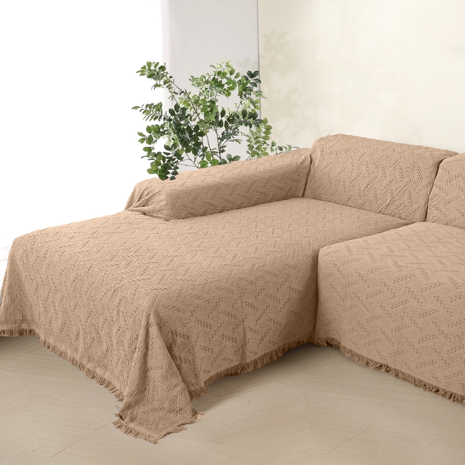 Sanmadrola Couch Cover Sofa Slipcover for Sectional L Shape 3 Cushion Couch Sofa Cotton Blanket Cover for Dogs Furniture Protector Cover with Elastic Straps for Pet Cat Chair Khaki