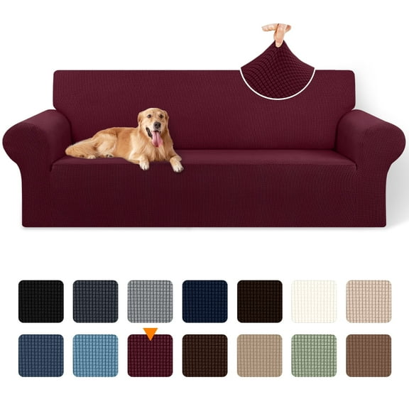 Sanmadrola Couch Cover Water Resistant Stretch Sofa Slipcover Jacquard Furniture Protector for Kids Pets Dog Cat, Wine Red, Sofa