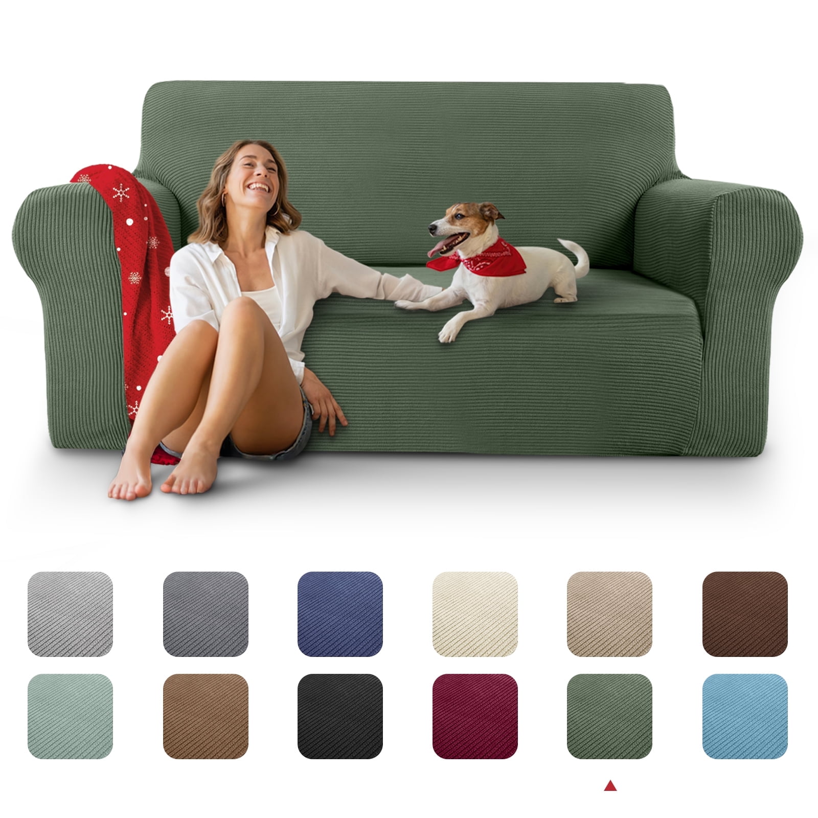 Sanmadrola Couch Covers for Dogs Sofa Covers Washable 100% Waterproof Non Slip Couch Covers Stretchable Machine Washable for Dogs Kids Pets, Army Green, Loveseat