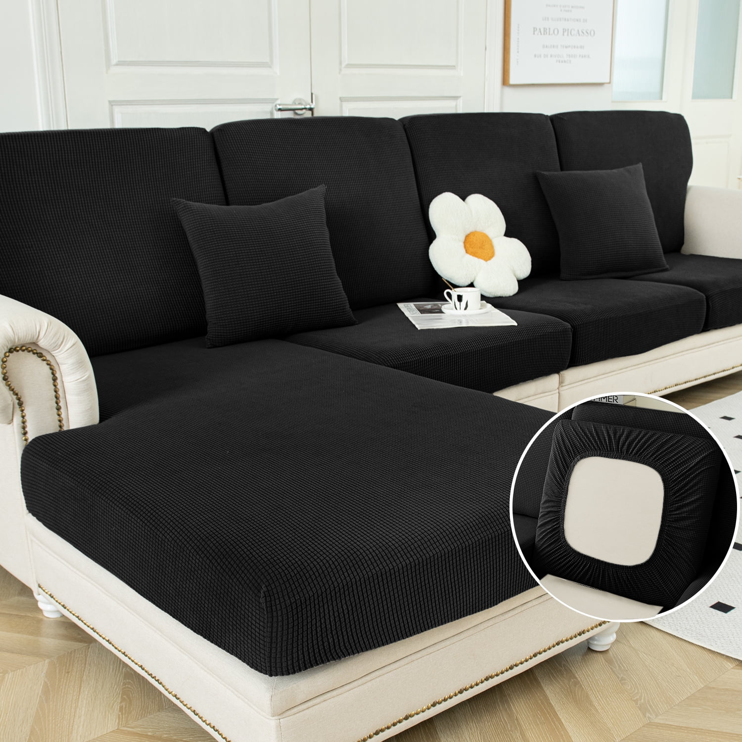 Sanmadrola Couch Covers Sofa Cushion Cover Slipcovers Wear-Resistant Universal Stretch Anti-Slip Sectional L Shape Sofa Covers, Chaise Lounge Sofa Slipcover