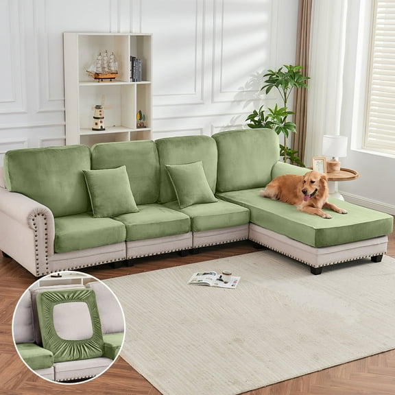 Sanmadrola Couch Covers Velvet Sofa Cushion Cover Stretch Machine Washable Universal Slipcover Furniture Protector for Couches Sectional Sofas, Avocado Green